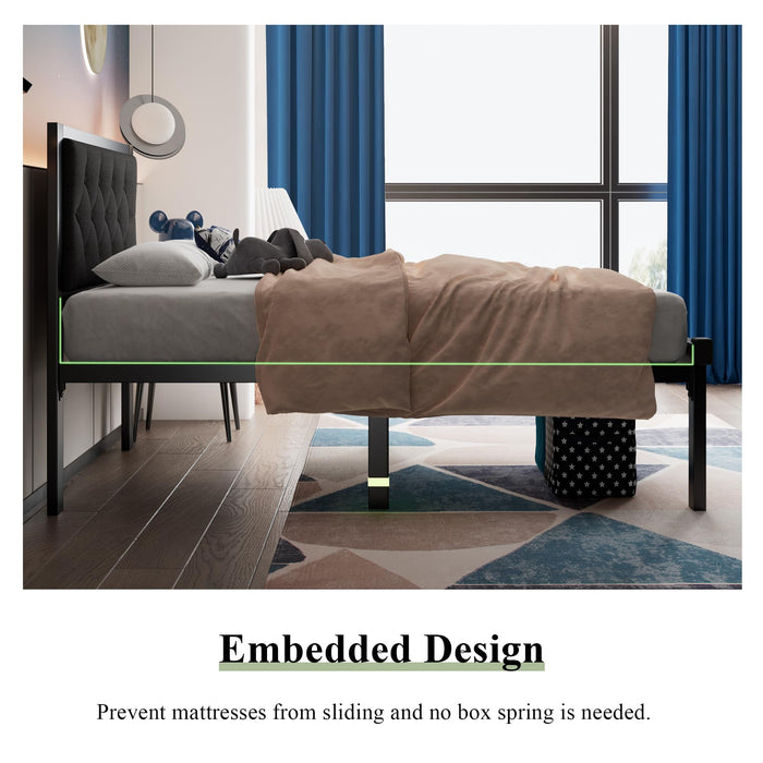 Feonase Twin Size Metal Bed Frame with Linen Upholstered Headboard, Heavy-Duty Platform Bed Frame with 12" Storage, Steel Slats Support, No Box Spring Needed, Gray