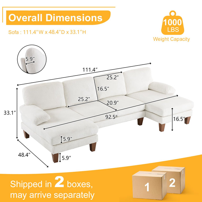 Karl home U-Shape Sectional Sofa Couch 111" Modern 4-Seat Sofa with Chaises Corduroy Fabric Upholstered Covertible Couch with Wood Grain Legs for Living Room, Reception Room, Apartment, Beige