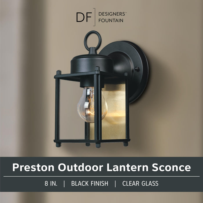 DESIGNERS FOUNTAIN Preston Outdoor Light Fixture, 8 Inch, Exterior Wall Mount Lantern Sconce, Clear Glass Porch Lights for Front Door, Patio, and House Garage, Black, 1161-BK