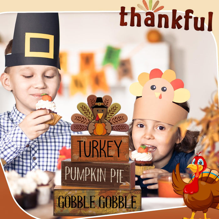 Lineshading 4 Pcs Thanksgiving Table Decoration, Turkey Wooden Block Signs