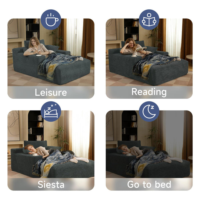 68'' Chaise Lounge Chair Indoor, Corduroy Upholstered Boneless Sofa Bed, Deep Seat Sleeper Couch Reading Chairs, Small Comfy Cloud Sofas Couches for Living Room, Bedroom, Movie Room (Dark Grey)