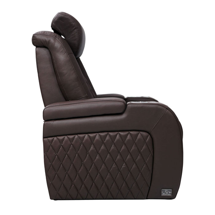 Seatcraft Diamante - Home Theater Seating - Living Room - Power Recline - Italian Leather - Powered Headrests - Cupholders - USB Charging - Ambient Lighting - Arm Storage, Row of 4, Brown