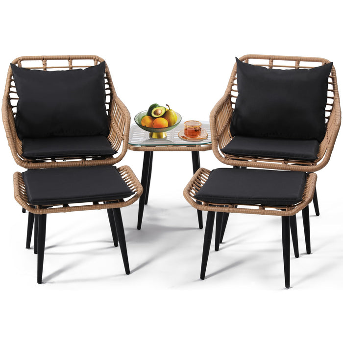 KROFEM 5 Piece Wicker Bistro Patio Conversation Furniture Set, Includes 2 Chairs, 2 Ottomans, and Side Table, Ideal for Porch, Balcony, Deck, Backyard, Natural