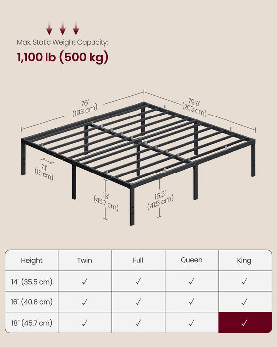 VASAGLE King Metal Bed Frame 18 Inches Tall, 1100 lb Weight Capacity, No Box Spring Needed, with Under-Bed Storage, Easy Setup, Heavy-Duty Platform Bed, Mattress Retainers, Matte Black URMB674BD02S