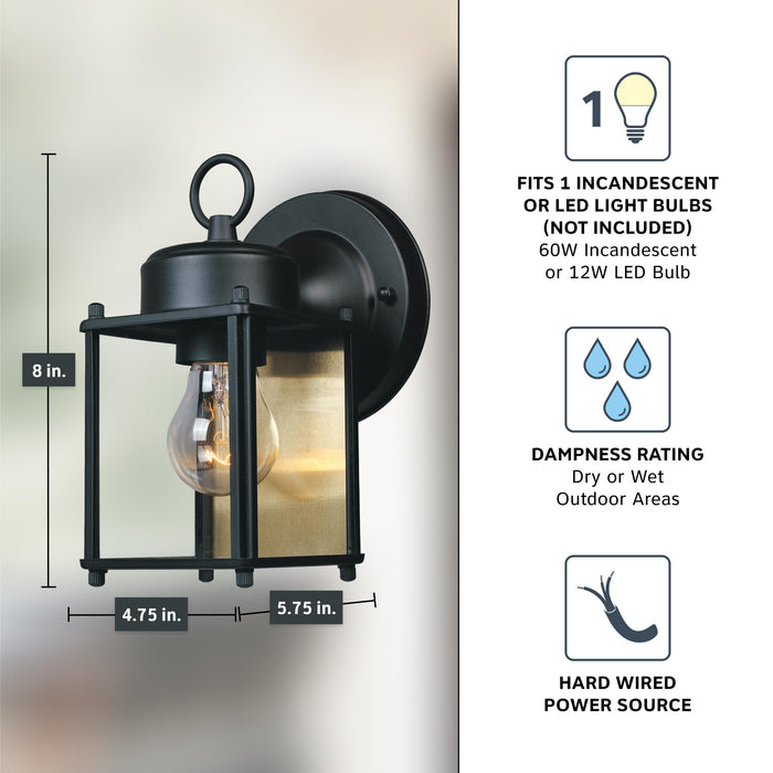 DESIGNERS FOUNTAIN Preston Outdoor Light Fixture, 8 Inch, Exterior Wall Mount Lantern Sconce, Clear Glass Porch Lights for Front Door, Patio, and House Garage, Black, 1161-BK