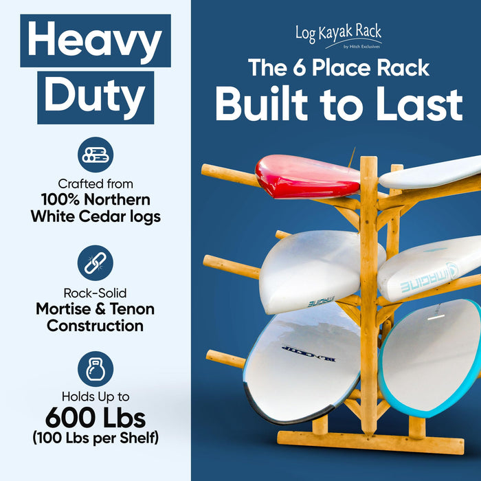 Log Kayak Rack - 6-Place Kayak/Canoe Rack, Freestanding Kayak Storage Rack, Kayak Racks for Outdoor Storage, Surfboard Rack or SUP Storage Rack, Canoe Storage Rack, Paddle Board Rack - Natural