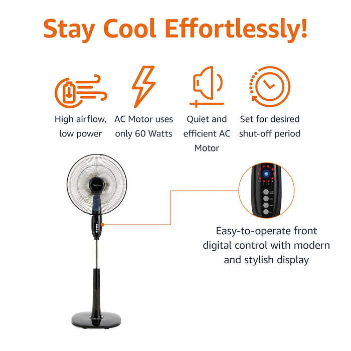 Amazon Basics 16" Pedestal Fan with Remote for Bedroom, Living Room, Office, Adjustable Height, Dual-Layered Blades, 3 Speeds, 3 Modes, Timer, Tilt Head, 60W, Black