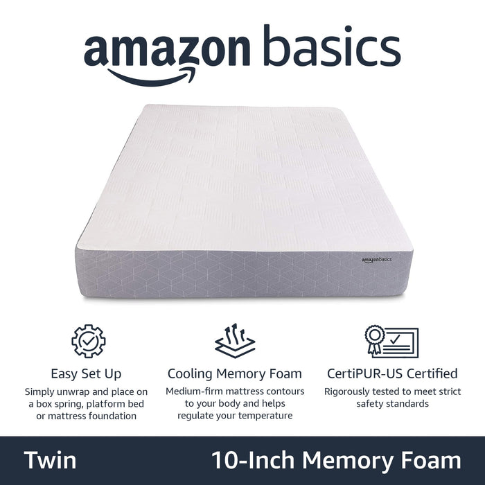 Amazon Basics Cooling Gel Memory Foam Mattress, Medium-Firm, CertiPUR-US Certified, 10 inch, Twin Size, White/Gray