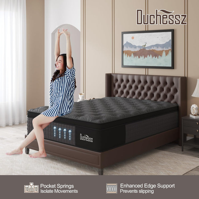 Duchessz Queen Mattress, 14 Inch Hybrid Mattresses Black with Gel Memory Foam and Individually Pocket Innerspring Euro Top Medium Firm for Motion Isolation, Edge Support, 100 Night Trial