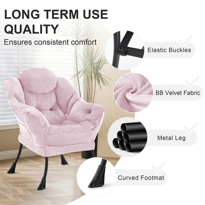 Zedachica Lazy Chair with Ottoman, Lounge Reading Chair for Adults, Modern Upholstered Accent Armchair with Foot Stool, Leisure Living Room Chair with Side Pocket for Dorm, Bedroom, Pink