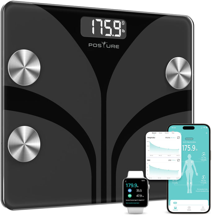 Posture Scale for Body Weight, Digital Bathroom Smart Scale LED Display, 13 Body Composition Analyzer Sync Weight Scale BMl Health Monitor Sync Apps 400lbs - Black