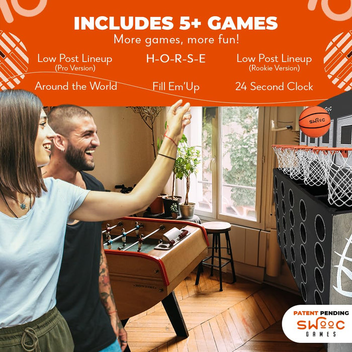 Swooc Games - Low Post Lineup | Wall Mounted Giant Basketball 4 in A Row w/ 5+ Games | Basketball Hoop for Room Wall Games | Game Room Games | Mini Basketball Hoop Indoor Connect | Four in A Row Game