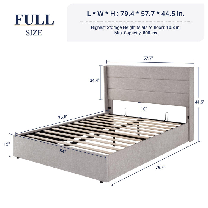 Allewie Full Size Lift Up Storage Bed, Modern Wingback Headboard, Hydraulic Support, No Box Spring Needed, Light Beige