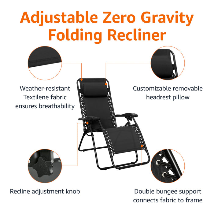 Amazon Basics Outdoor Patio Zero Gravity Portable Folding Reclining Lounge Chair with Padded Headrest Pillow, Weather Resistant Textilene, 26", Black