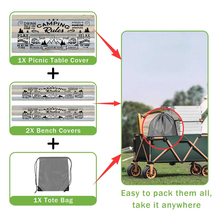 JAWO Picnic Table Cover with Bench Covers, Camping Rules Camper RV Essentials Gear Supplies Outdoor Waterproof Windproof Tablecloth with Elastic, 72in