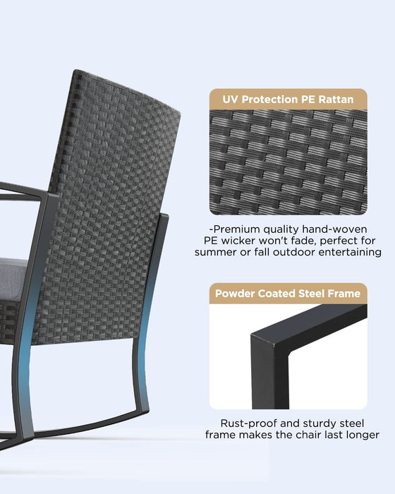 Qsun 3 Pieces Patio Furniture Set Rocking Bistro Set Outdoor Rattan Conversation with Coffee Table for Garden Balcony Backyard Poolside (Grey Cushion)