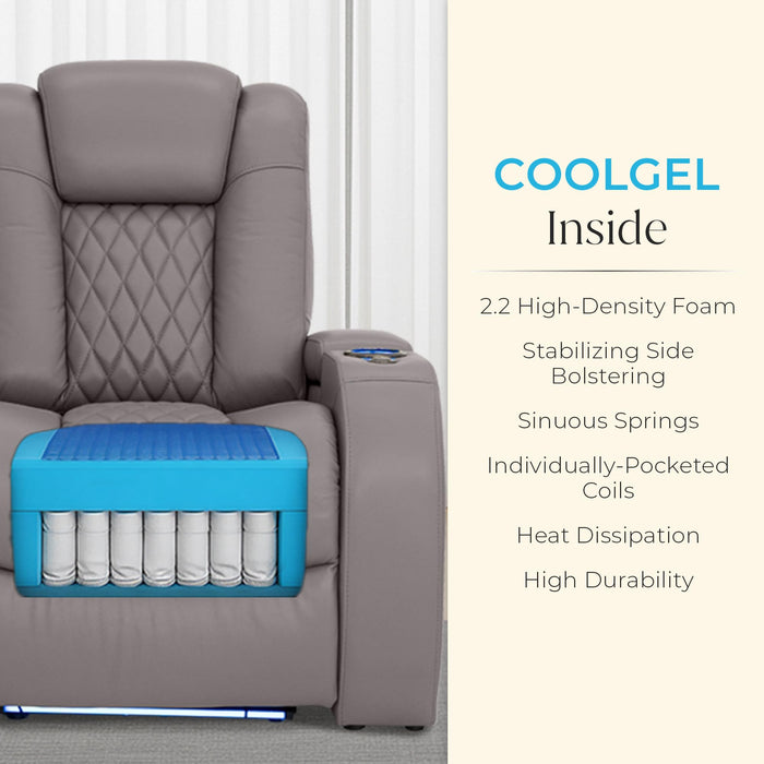 Seatcraft Diamante Zero-Gravity CoolZero Italian Leather Home Theater Seating, Power Headrest, Power Recline, Row of 3 Sofa, Gray