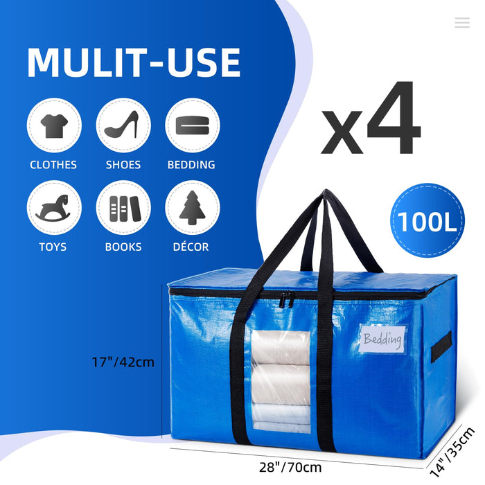 TAILI Extra Large Moving Bags, 4 Pack Blue Heavy Duty Totes For Storage with Visible Window, Wrap Around Handles, Storage Bags for Space Saving, Alternative to Moving Boxes