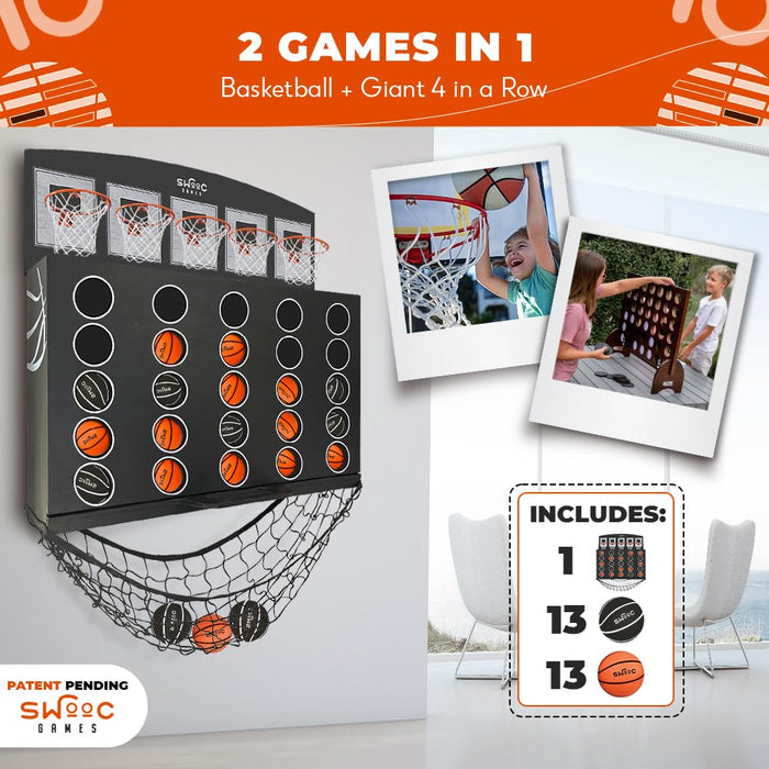 Swooc Games - Low Post Lineup | Wall Mounted Giant Basketball 4 in A Row w/ 5+ Games | Basketball Hoop for Room Wall Games | Game Room Games | Mini Basketball Hoop Indoor Connect | Four in A Row Game