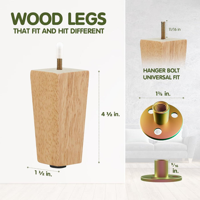 Yes4All 4.5 Inches Square Wood Furniture Legs Set of 4 - Wooden Replacement Feet for Couch, Bed, Bench - Adjustable Sofa, Ottomans Tapered Leg with Leveler - Nature Rubber Wood Parts for Table, Chair