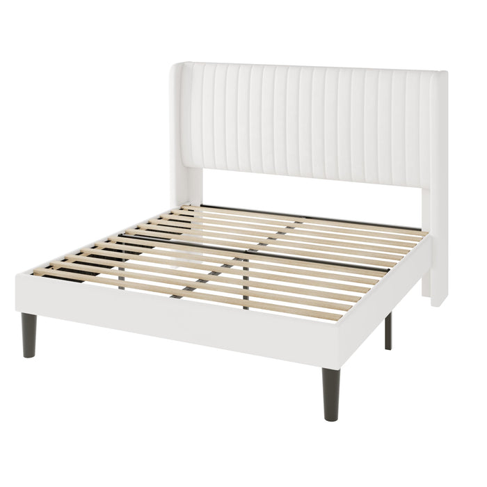 Allewie Queen Size Velvet Bed Frame/Vertical Channel Tufted Wingback Headboard/Upholstered Platform Bed/Strong Wooden Slats/No Box Spring Needed/Easy Assembly/White