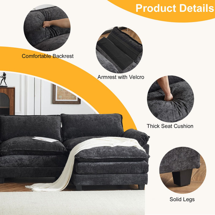 Karl home Sectional Sofa Modular Deep Seat Sofa Couch with Ottoman, Chenille Sofa Sleeper Comfy Upholstered Furniture for Living Room, Apartment, Studio, Office, (3-Seat & 1-Ottoman, Black)