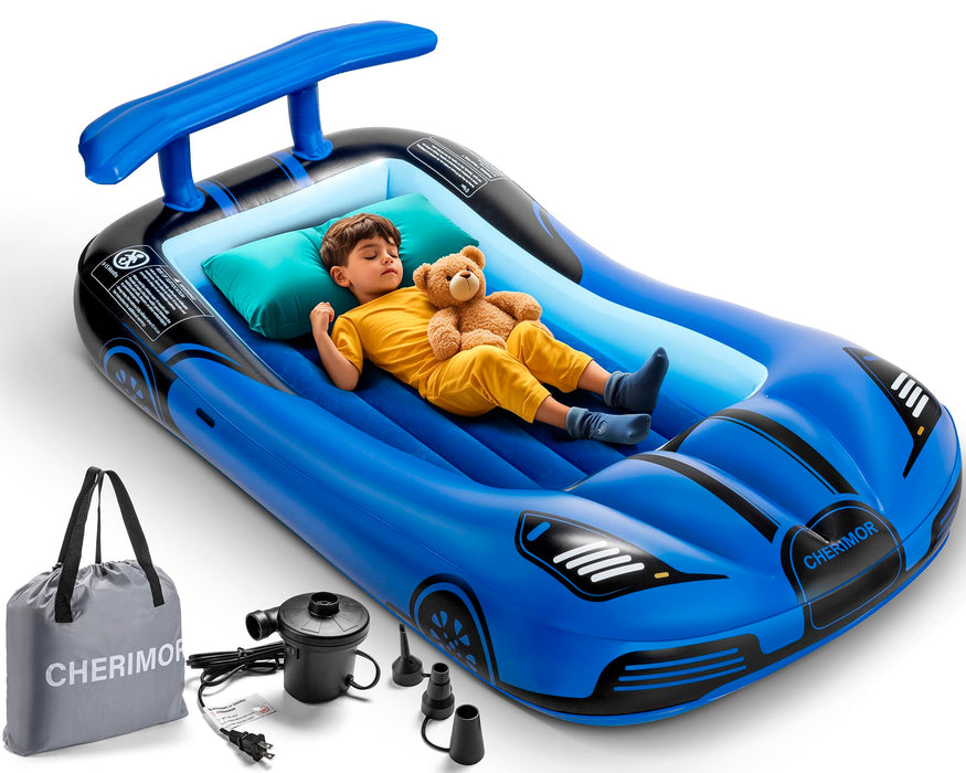 CHERIMOR Inflatable Toddler Travel Bed with Safety Bumpers, Portable Racecar Toddler Air Mattress with Electric Pump, Toddler Blow Up Mattress for Travel,Camping, Sleepovers&Vacation, Gift for Kids