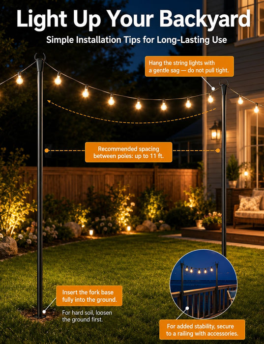 4 Pack String Light Poles for Outside, Adjustable Metal Patio Light Poles