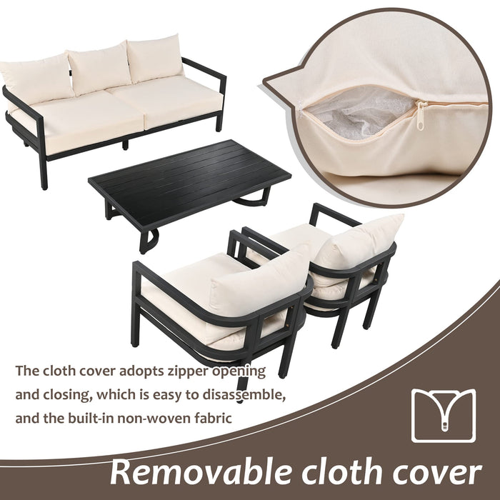 VnndeNest Patio Furniture Set, 4-Piece High Back Outdoor Sofa Set, All-Weather Metal Outdoor Sectional Sofa with Coffee Table & 2 Single Chairs, Modern Furniture Set for Yard, Balcony, Garden, Beige