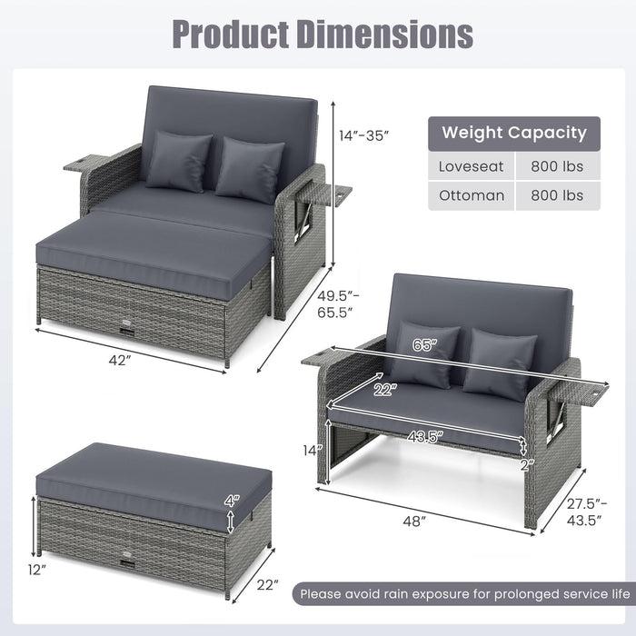 Tangkula Patio Rattan Daybed with 4-Level Adjustable Backrest, Outdoor PE Wicker Loveseat with Storage Ottoman & Folding Side Table, Double Sunbed for Balcony, Backyard & Poolside, Grey