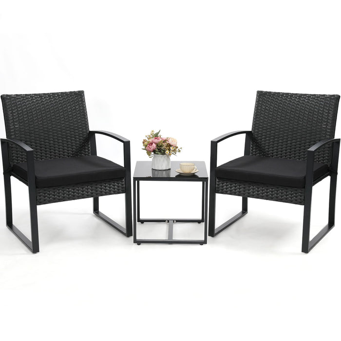 Murago Outdoor 3-Piece Wicker Bistro Set, Rattan Patio Conversation Set with Coffee Table, for Backyard Garden Poolside, Black Frame & Black Cushion