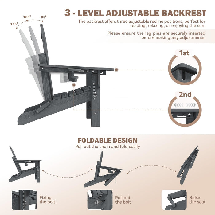 Mdeam 3-Position Adjustable Folding Adirondack Chair, 20" W | 400LBS Capacity, Retractable Ottoman, Dual Cup Holders, Wood-Like HDPE Outdoor Patio Lounge Recliner Fire Pit Chairs for Porch Deck, Grey