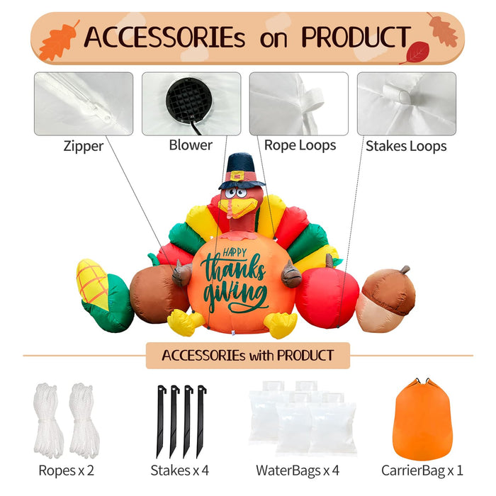 Domkom 8FT Thanksgiving Inflatable Turkey Happy Thanksgiving Sign Yard