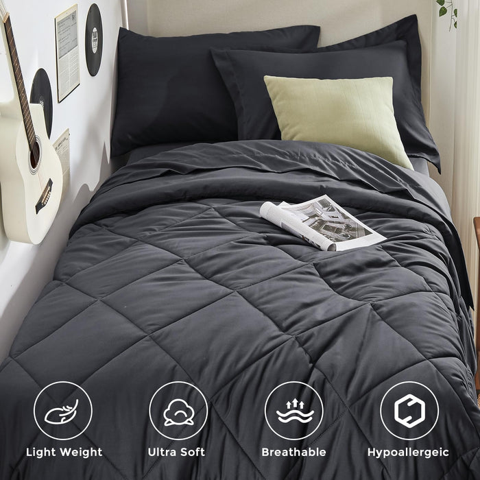 HEVUMYI Twin-XL Comforter Set - 5-Piece All Season Bed in a Bag Twin-XL, Ultra Soft Bedding Set with Comforter, Flat Sheet, Fitted Sheet, Pillowcases, Pillow Shams, Dark Grey