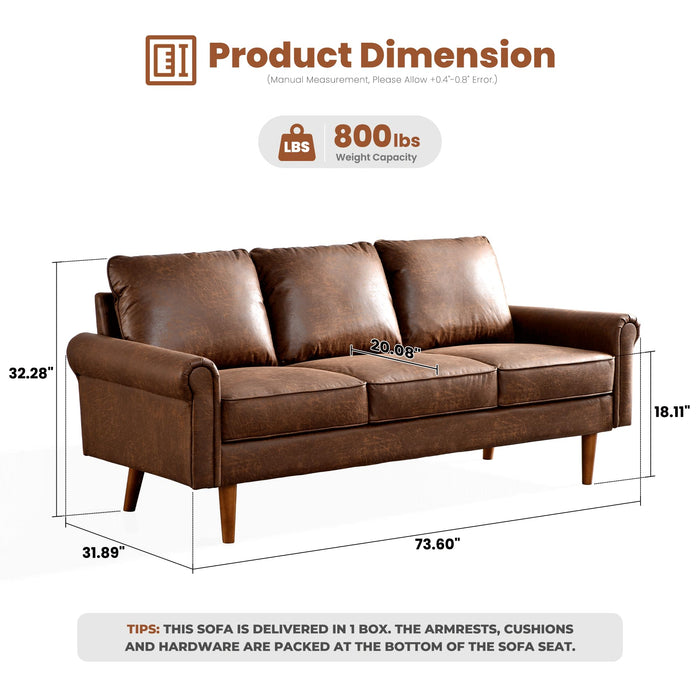 ovios 73.6" Sofa Couch, Mid Century Modern Sofas Couches with Comfy Cushions, 3-Seater Faux Leather Deep Seat Small Sofa for Living Room Bedroom Office, Dark Brown
