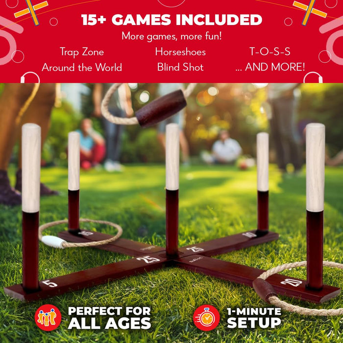 Swooc Games - Rustic Ring Toss Game (All Weather) - Easy Setup & Extra Games Included - Ring Toss Game for Adults - Outdoor Acitivities for Adults - Yard Toys for Kids - Backyard Fun - Outdoor Party
