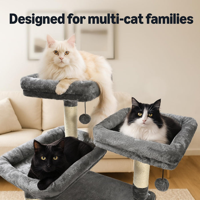 Amazon Basics Large Cat Tree Tower, Multi-Level Activity Center with 2 Large Condos, Multiple Sisal Scratching Posts and Hanging Pompoms, Gray, 68 Inches