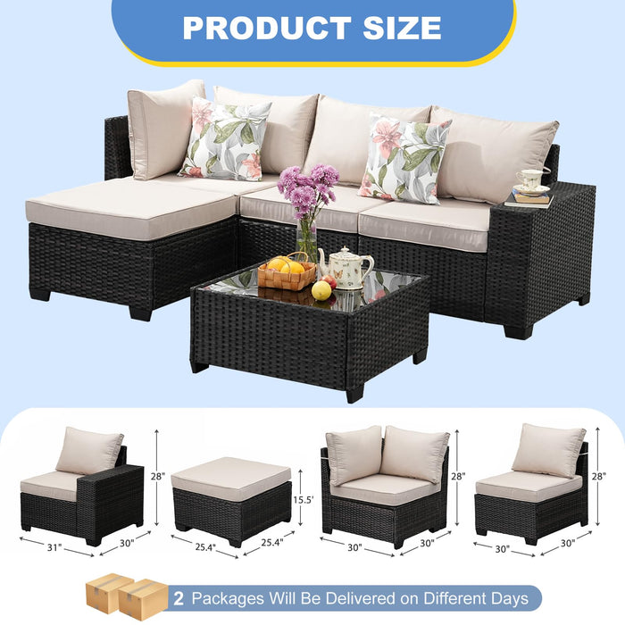 SunloungeCo 5 Pieces Outdoor Patio Furniture Set, Wicker Conversation Sets with Tea Table, Rattan Patio Sofa with Thick Cushions for Garden, Backyard, Poolside, Party, Beige