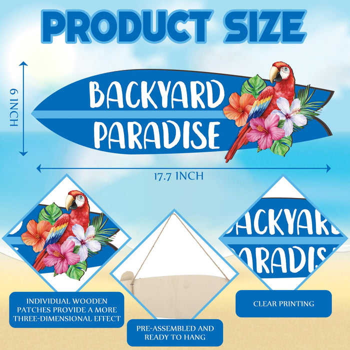 Memorywuu Wooden Backyard Paradise Sign Surfboard Wall Hanging Sign Wooden Hanging Decorative Art for Yard Garage Bar Tiki Wall Home Party Summer Decor Gift, 5 x 16 Inches