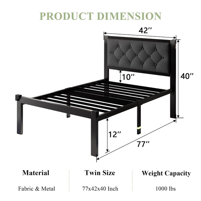 Feonase Twin Size Metal Bed Frame with Linen Upholstered Headboard, Heavy-Duty Platform Bed Frame with 12" Storage, Steel Slats Support, No Box Spring Needed, Gray