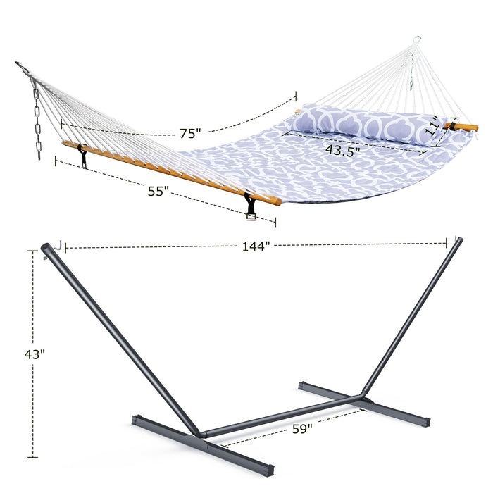 ANAGOO Double Hammock with Stand for Outdoor, Heavy Duty Portable Hammock with Adjustable Steel Stand for Patio, Garden, Beach, Backyard - Includes Carrying Bag,White Grey