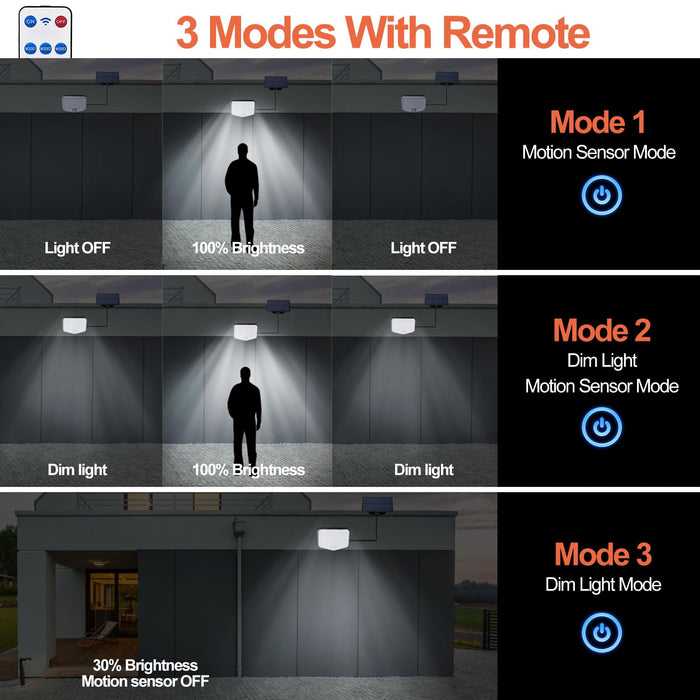 JumJam Solar Lights Outdoor, 180°Beam Angle Cool White Security Lights,Solar Powered Motion Sensor Lights Outside with Remote Control, Waterproof Flood Light for Wall, Porch, Patio,Yard,Garage,2 Pack