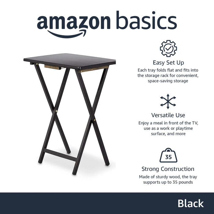 Amazon Basics Portable Foldable TV Tray Table with Storage Rack, Space-Saving Design, 15" x 19" x 26", Black, 4-Pack