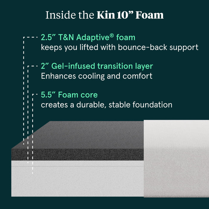 Tuft & Needle Kin Medium Firm 10" Twin XL Adaptive Foam Mattress in a Box, Cooling Pressure Relief, Balanced Support, 100 Night Trial, Fiberglass-Free, CertiPUR-US, 10-Year Limited Warranty