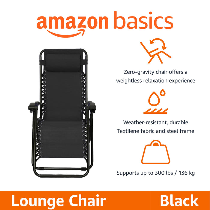 Amazon Basics Outdoor Patio Zero Gravity Portable Folding Reclining Lounge Chair with Padded Headrest Pillow, Weather Resistant Textilene, 26", Black
