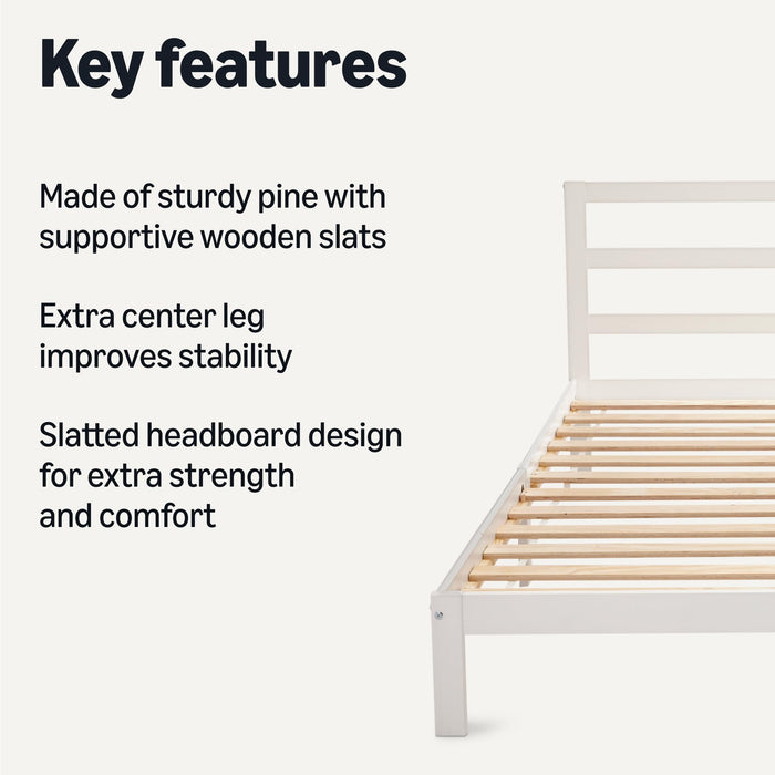Amazon Basics Queen Bed Frame with Headboard, Solid Pine Wood with Bed Slats, White, 62" x 82" x 34.6"