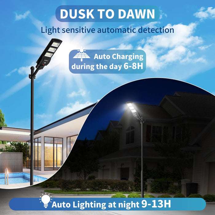 LANGY Solar Street Light Outdoor, Upgraded Solar Parking Lot Lights Dusk to Dawn, IP67 Waterproof 6500K 18000LM, Solar Street Light Motion Sensor with Remote Control for Commercial, Yard (2Pack)