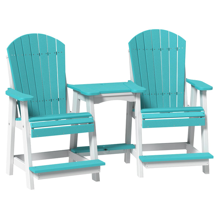 LuxCraft Poly Tete-a-Tete Patio Table and Counter Height Balcony Chairs with Umbrella Hole, Weatherproof Outdoor Patio Furniture Set for Outside - Amish Made in USA (Aruba Blue & White)
