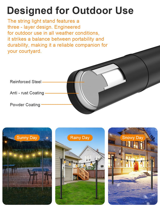4 Pack String Light Poles for Outside, Adjustable Metal Patio Light Poles