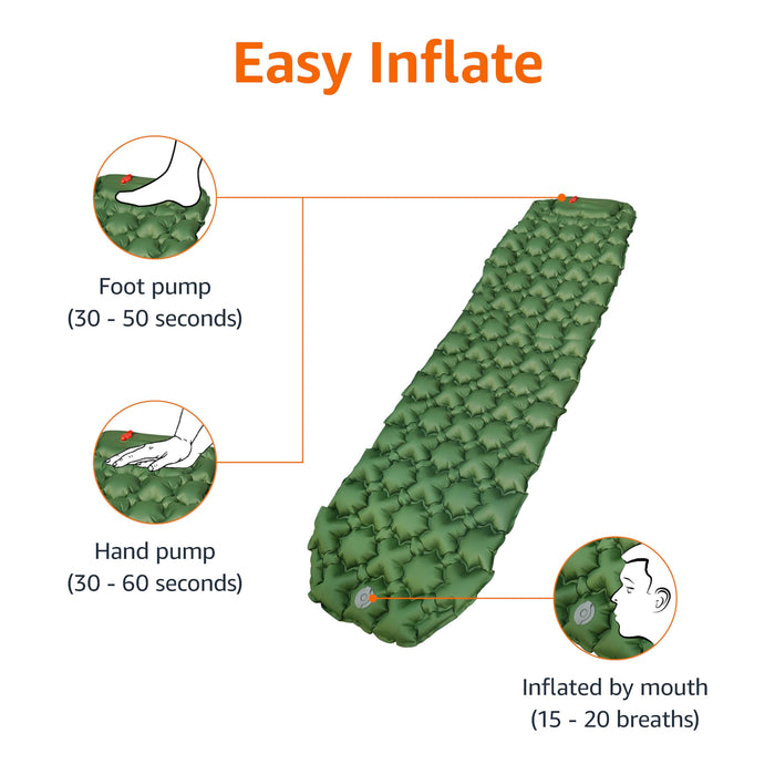 Amazon Basics Camping Sleeping Pad with Quick-Inflate Built-in Foot Pump, Water Resistant, Ultralight, Portable for Hiking and Backpacking, Olive Green